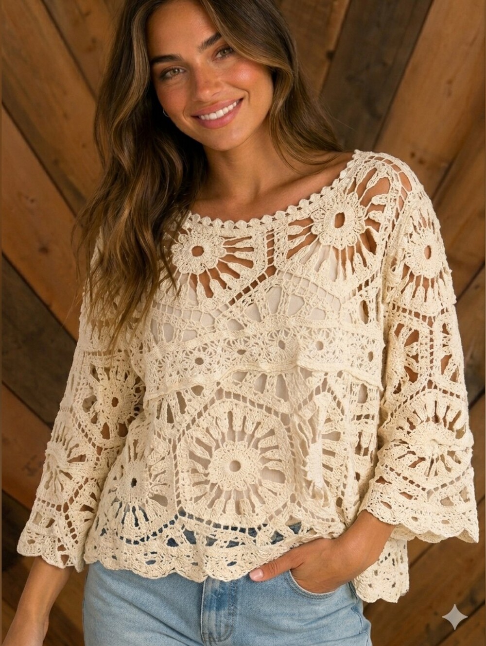 NEW POL Crochet Lace Bell Sleeve Layering Top One Size